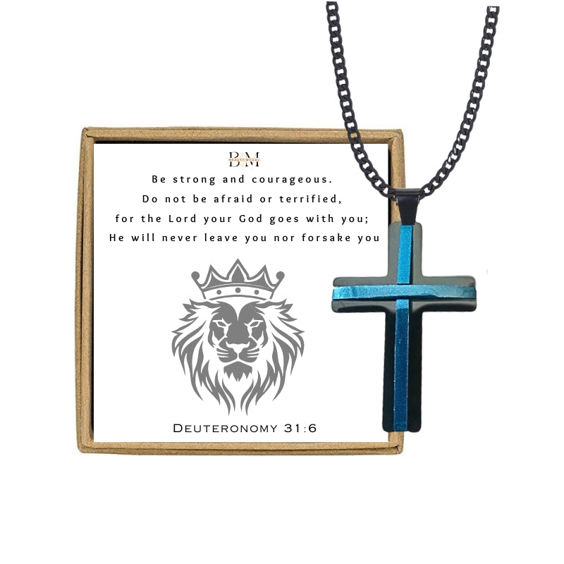 A men's black and blue stainless steel pendant cross necklace with a design card and a black chain.