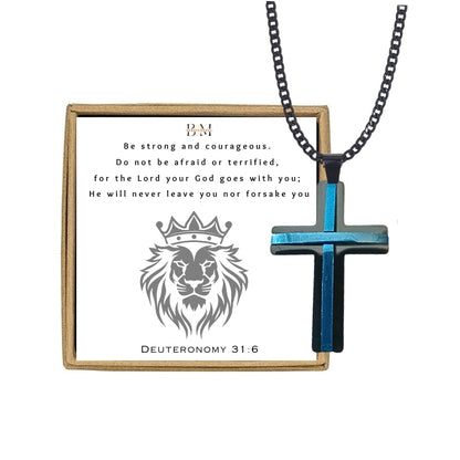 A men's black and blue stainless steel pendant cross necklace with a design card and a black chain.