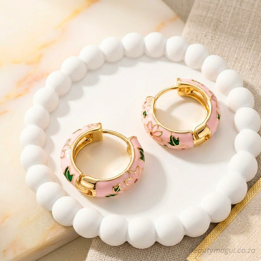 Beautymogulbrandedjewelryboxwithpinkfloralenamelgoldhuggieearrings3