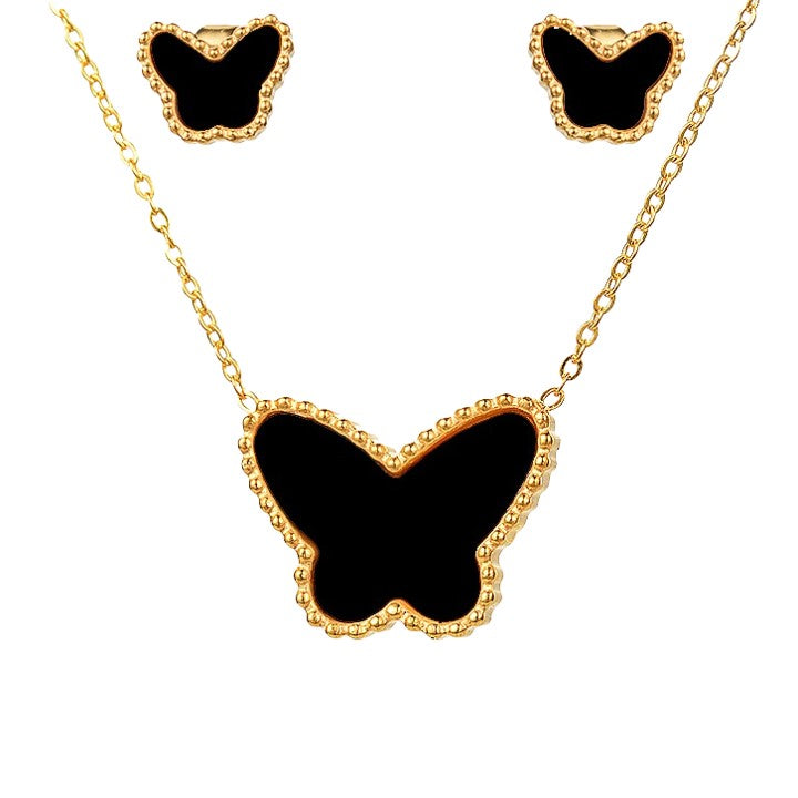 Black Stone Gold Plated Butterfly Earring and Necklace