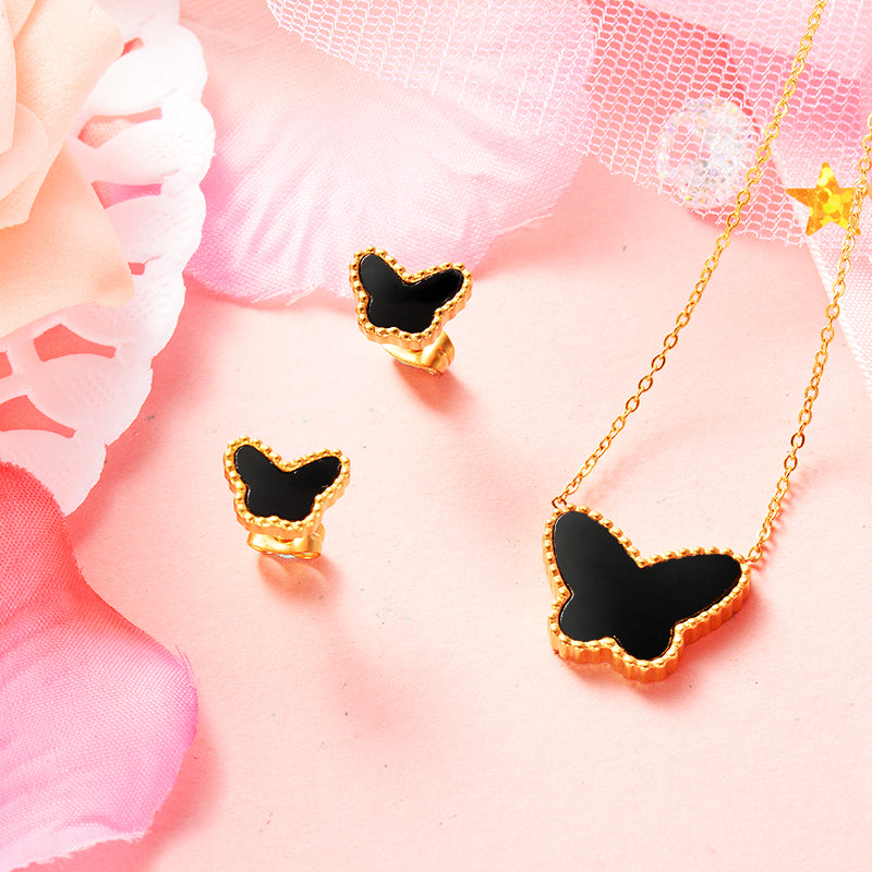 Black Stone Gold Plated Butterfly Earring and Necklace