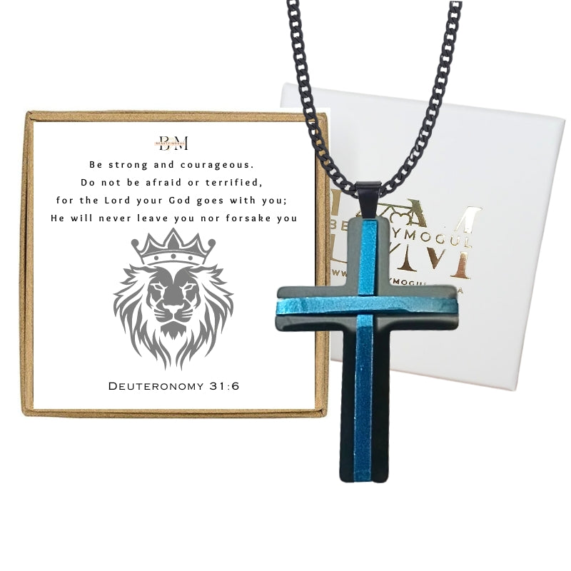 Men Black, Blue Stainless steel Pendant Cross Necklace, Card and Gift Set