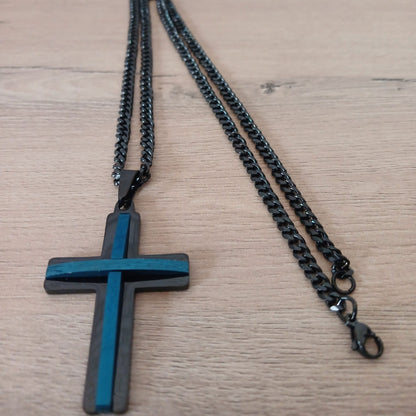 Men Black, Blue Stainless steel Pendant Cross Necklace, Card and Gift Set