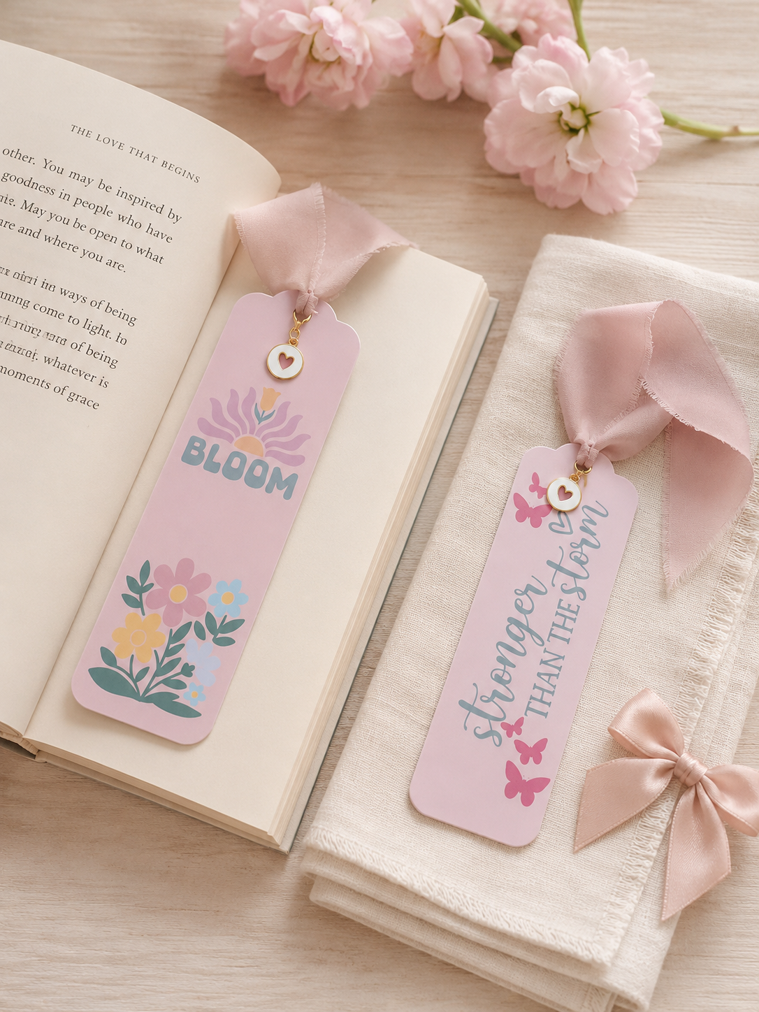 Handmade Inspirational Bookmark with Ribbon & Heart Charm