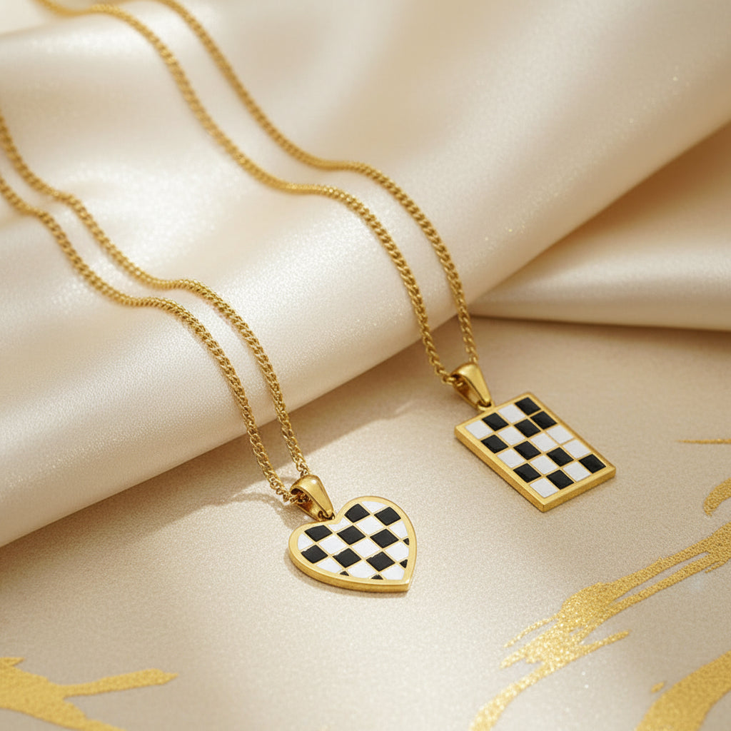 Checkered Gold Plated Heart and Rectangular Necklace