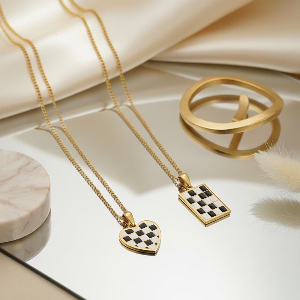 Two gold-tone necklaces with checkerboard heart and rectangular pendant charms, displayed on a reflective surface with a gold ring and cream satin fabric in the background.