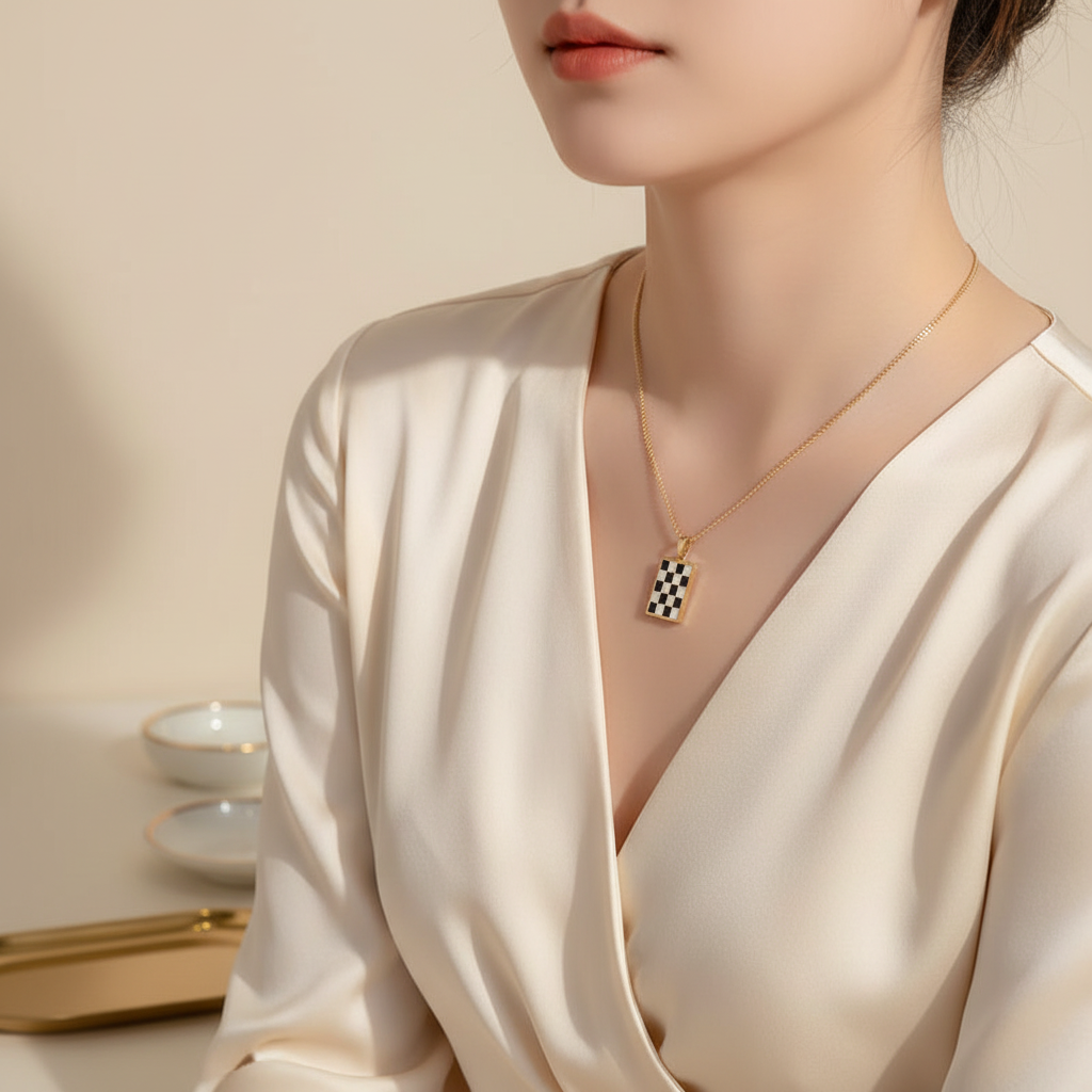 A close-up lifestyle shot of a woman wearing a gold necklace with a black and white checkered pendant, styled with a cream satin blouse.