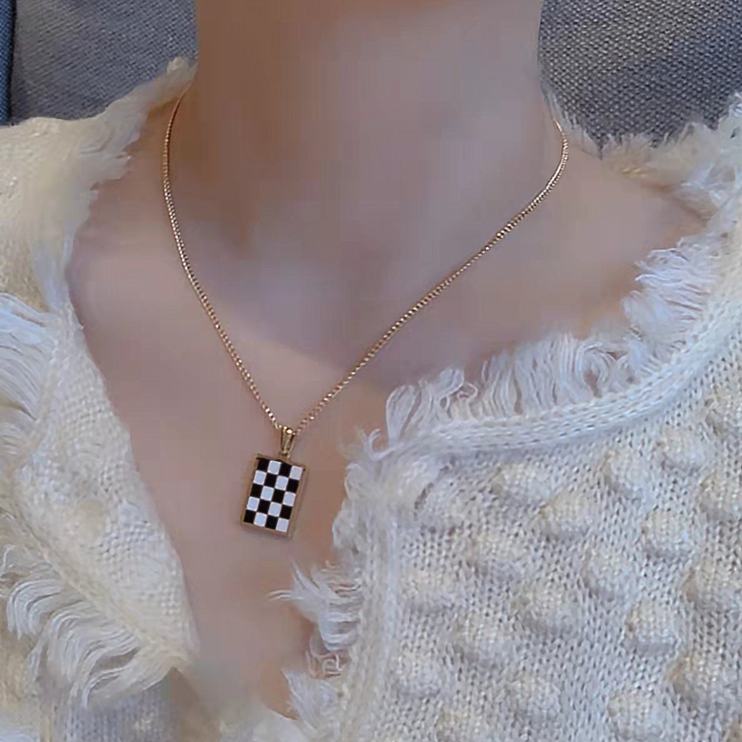 Checkered Gold Plated Heart and Rectangular Necklace