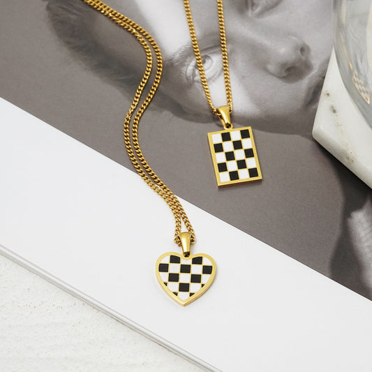 Checkered Gold Plated Heart and Rectangular Necklace