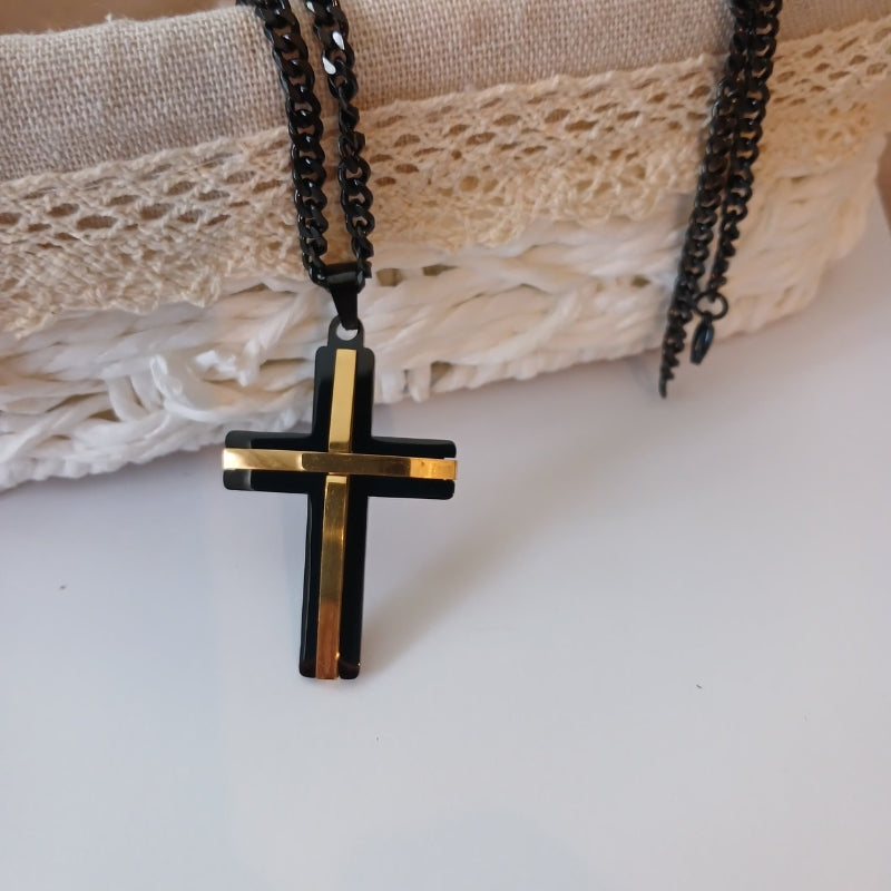 Men Black, Gold Stainless steel Pendant Cross Necklace, Card Gift Set