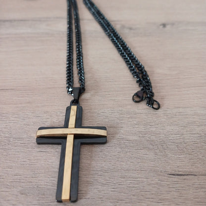 Men Black, Gold Stainless steel Pendant Cross Necklace, Card Gift Set