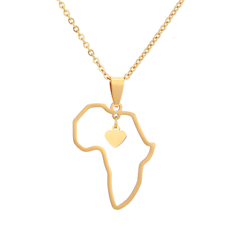 Gold Plated Stainless Steel Love Africa Map Necklace with heart charm.