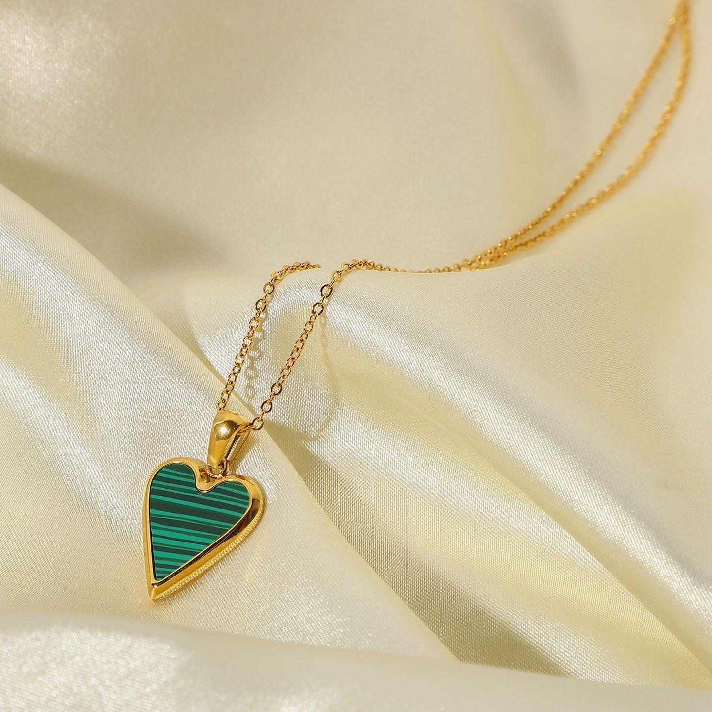 18K Gold Plated Heart Malachite Pearl Shell Black Opal