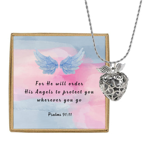 Angel Winged Heart Locket Necklace - Guardian Angel Gift Set