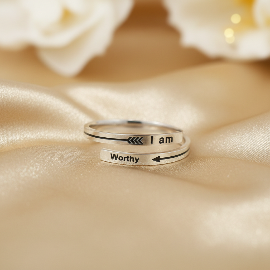 Two silver open-band rings with black engraved text and arrows, one reading 'I am' and the other 'Worthy', displayed on a beige satin fabric with blurred white flowers in the background.