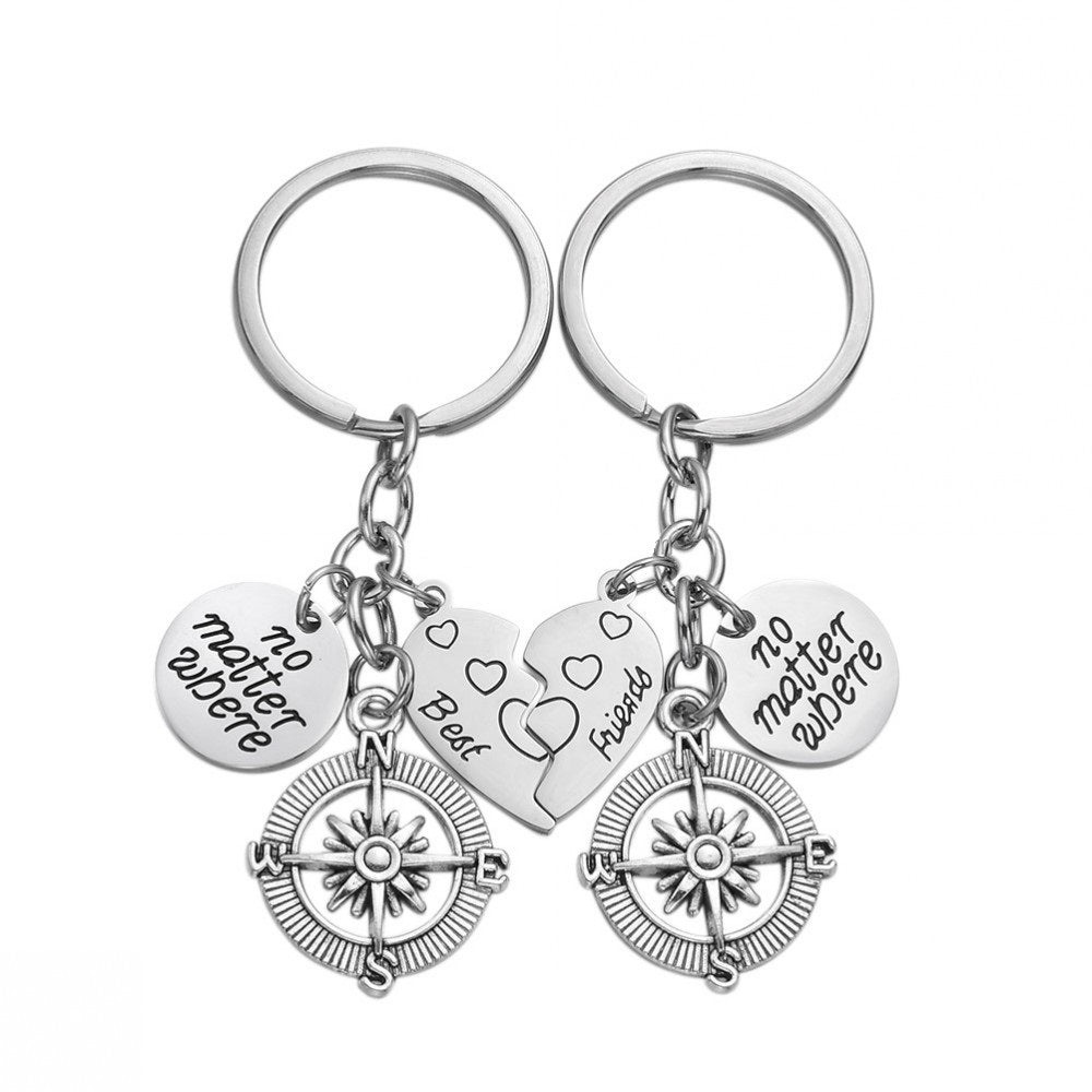 Matching Best Friends Silver Compass Keyring Set