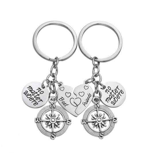 Matching Best Friends Silver Compass Keyring Set