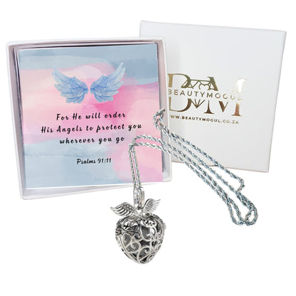 Angel Winged Heart Locket Necklace - Guardian Angel Gift Set