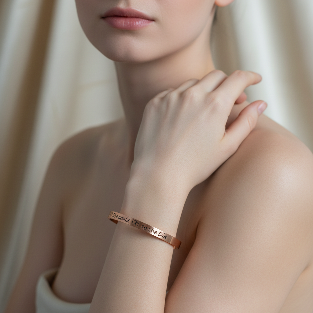 A close-up lifestyle shot of a model wearing a slim rose gold cuff bracelet with engraved text on her wrist, set against a soft beige draped background.