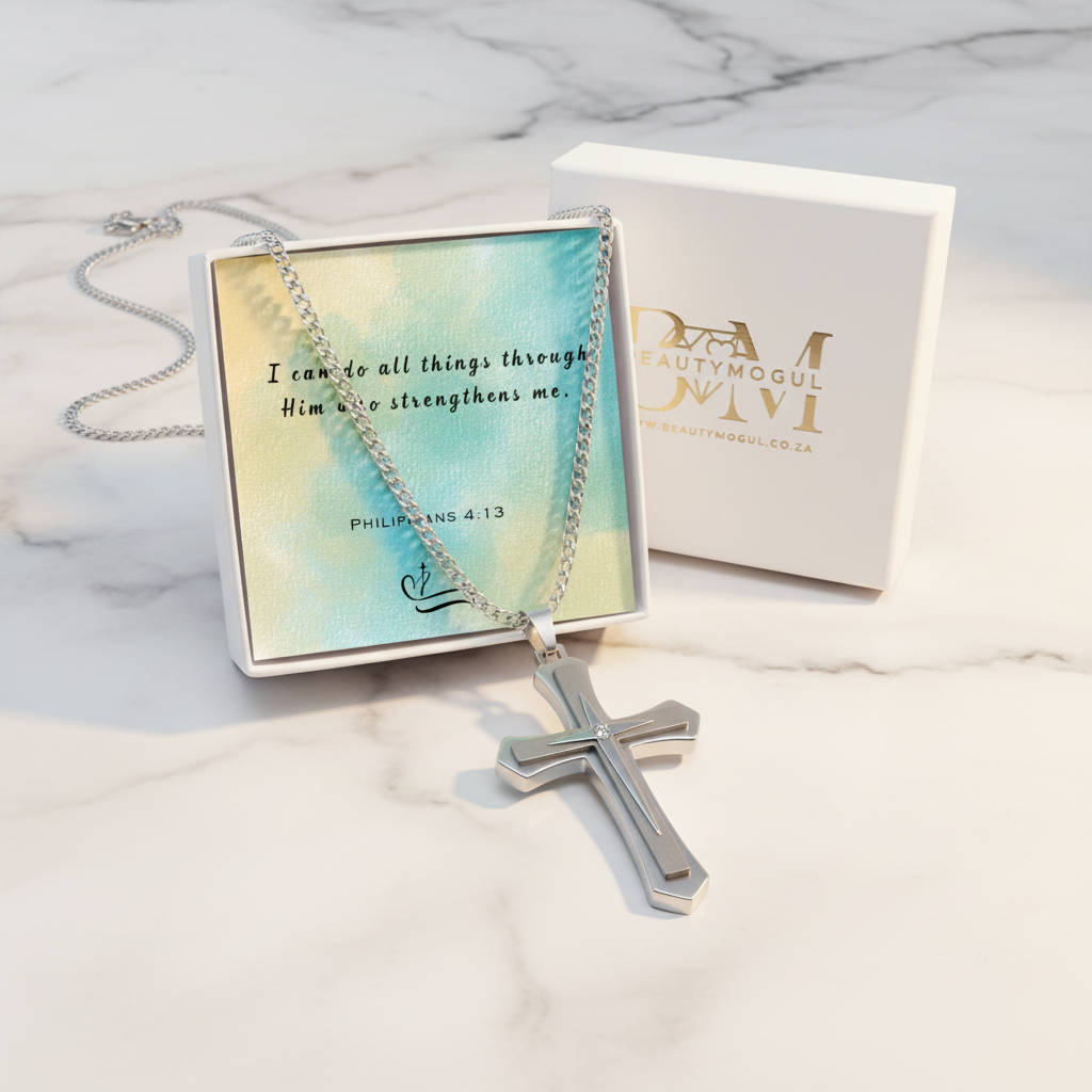 A silver cross pendant necklace displayed in front of an open white gift box with a pastel insert card featuring Bible verse text, with the branded white box behind it on a light marble surface.
