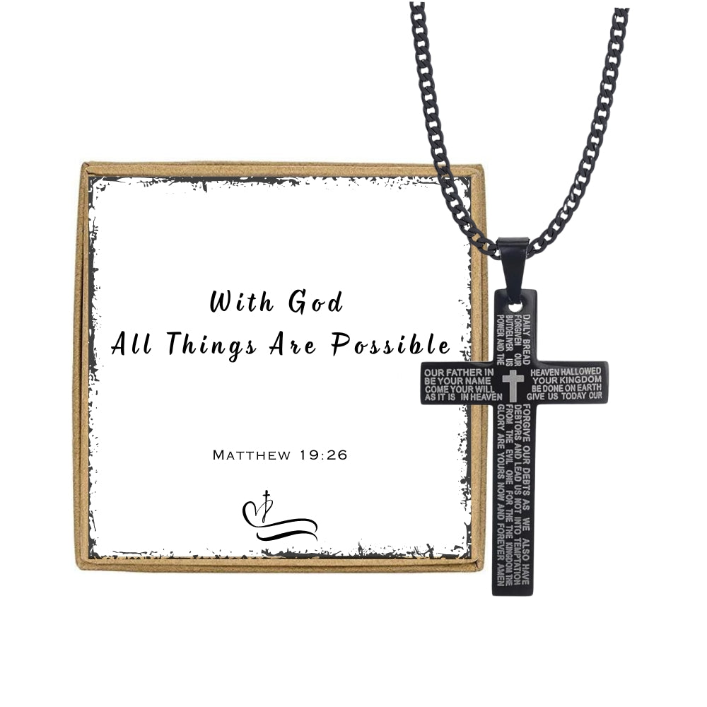 Mens Black Stainless Steel Lord's Prayer Necklace, Card and Gift Box Set