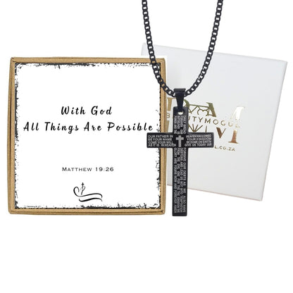 Mens Black Stainless Steel Lord's Prayer Necklace, Card and Gift Box Set