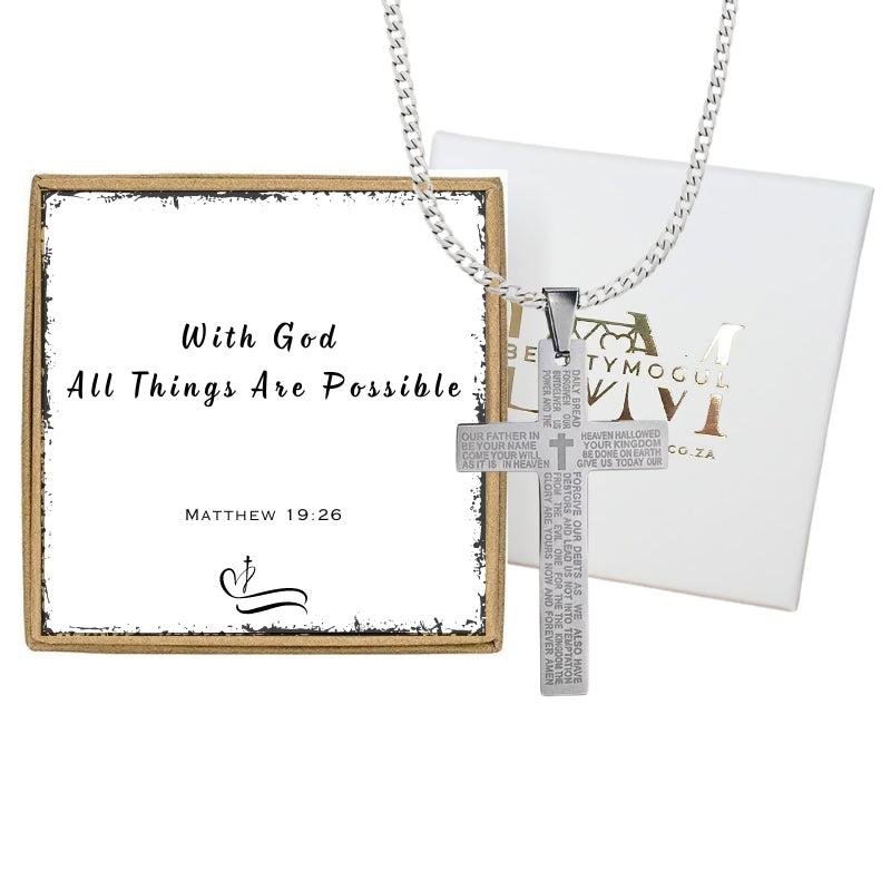 Mens Black Stainless Steel Lord's Prayer Necklace, Card and Gift Box Set