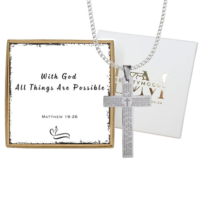 Mens Black Stainless Steel Lord's Prayer Necklace, Card and Gift Box Set