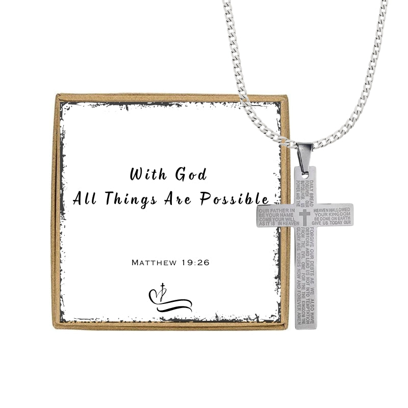 Mens Black Stainless Steel Lord's Prayer Necklace, Card and Gift Box Set