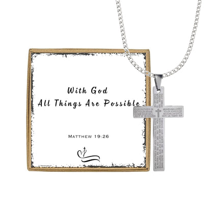 Mens Black Stainless Steel Lord's Prayer Necklace, Card and Gift Box Set
