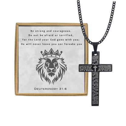 Mens Black Stainless Steel Lord's Prayer Necklace, Card and Gift Box Set