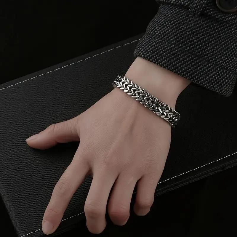 Men Weaved Chain Link Silver Stainless Steel Bracelet, Card and Gift Box (Personalized card option)