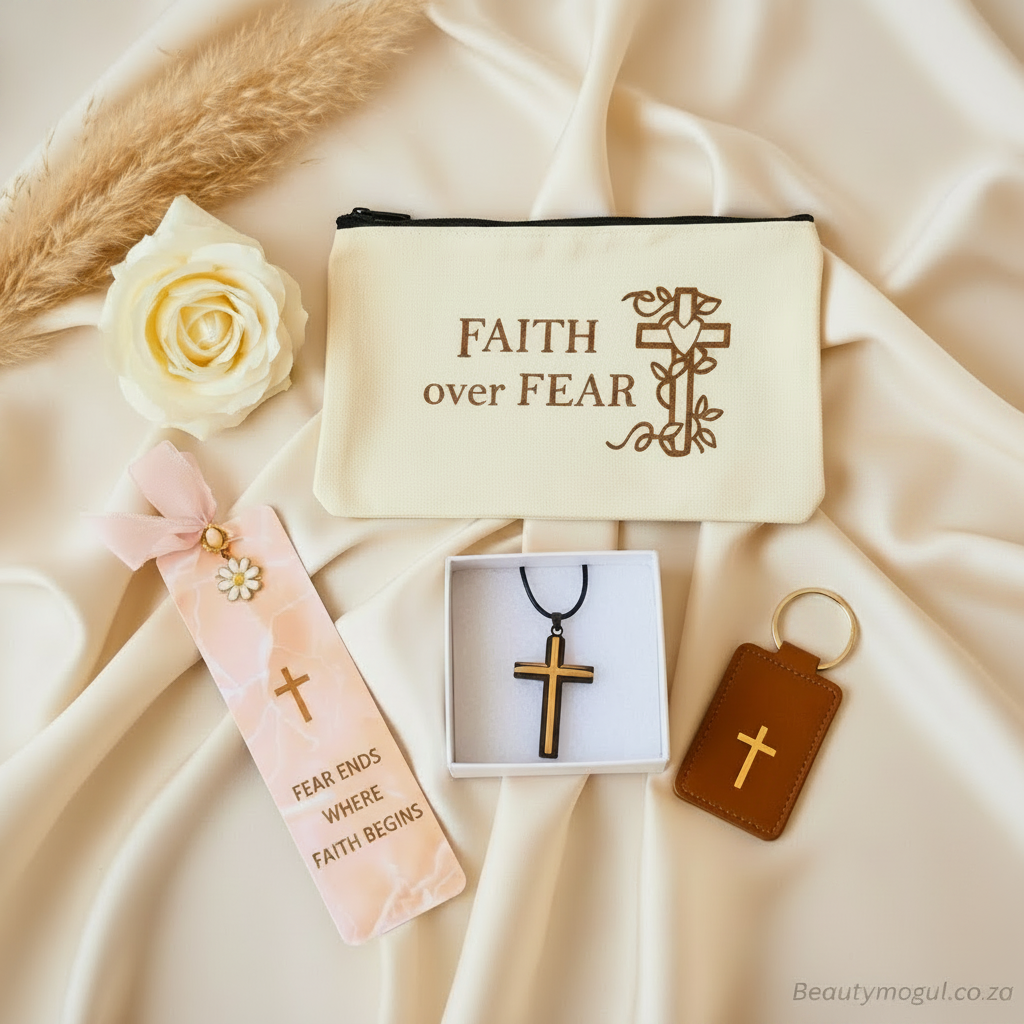 Beautymogul - A curated gift set in a white box featuring a cream canvas pouch with brown text, a gold and black cross pendant in a white box, a pink bookmark with a gold cross, and a brown leather keychain with a gold cross. The background is a beige satin fabric.