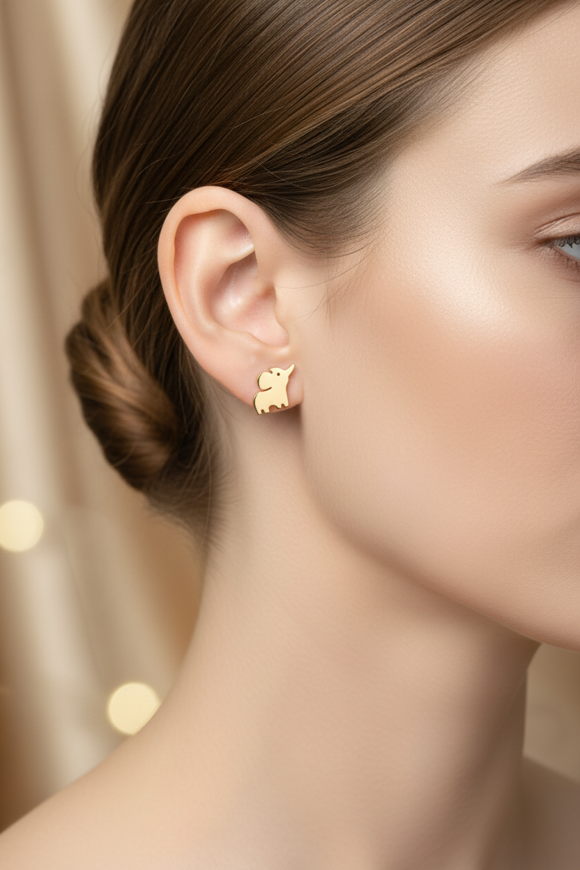 A close-up of a woman's ear wearing a small gold elephant stud earring, with soft warm lighting and a blurred beige background.