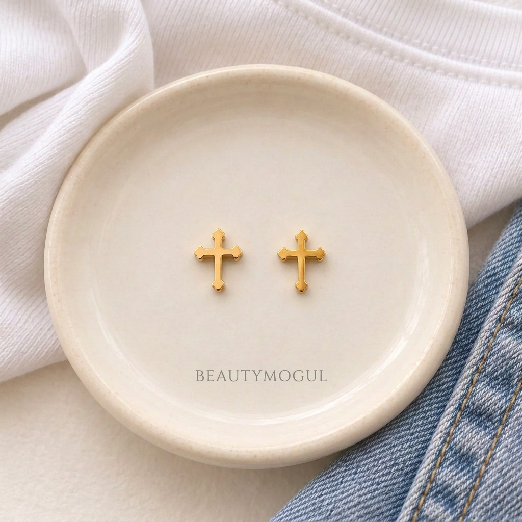beautymogul-gold-tone-cross-stud-earrings on trinket tray