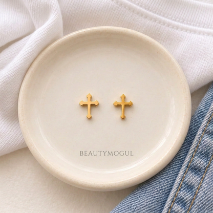 beautymogul-gold-tone-cross-stud-earrings on trinket tray