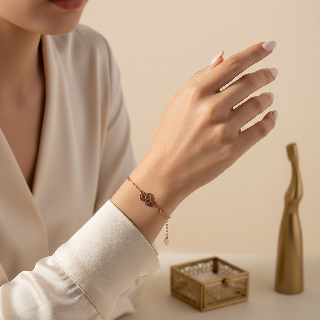beautymogul rose gold chain bracelet -A close-up of a woman's hand wearing a delicate rose gold chain bracelet with a clover motif, styled with a cream blouse and a neutral beige background.