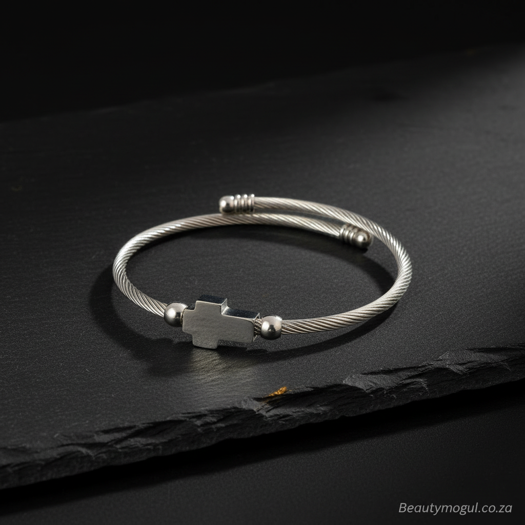 A silver-toned twisted cable bangle bracelet with a central cross-shaped charm and small bead accents, displayed on a dark textured slate surface.