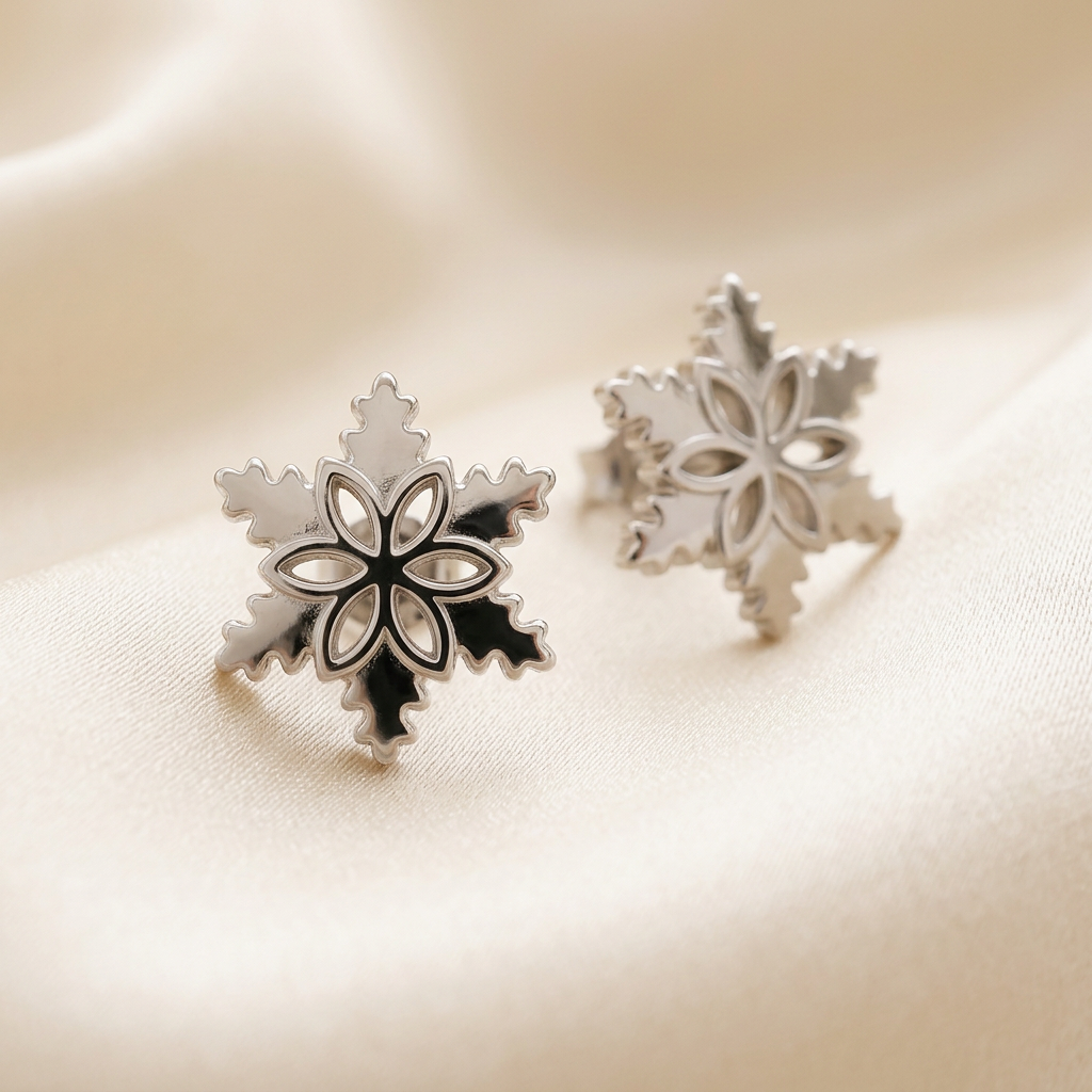 Pair of silver-tone snowflake stud earrings with floral centres displayed on champagne satin.