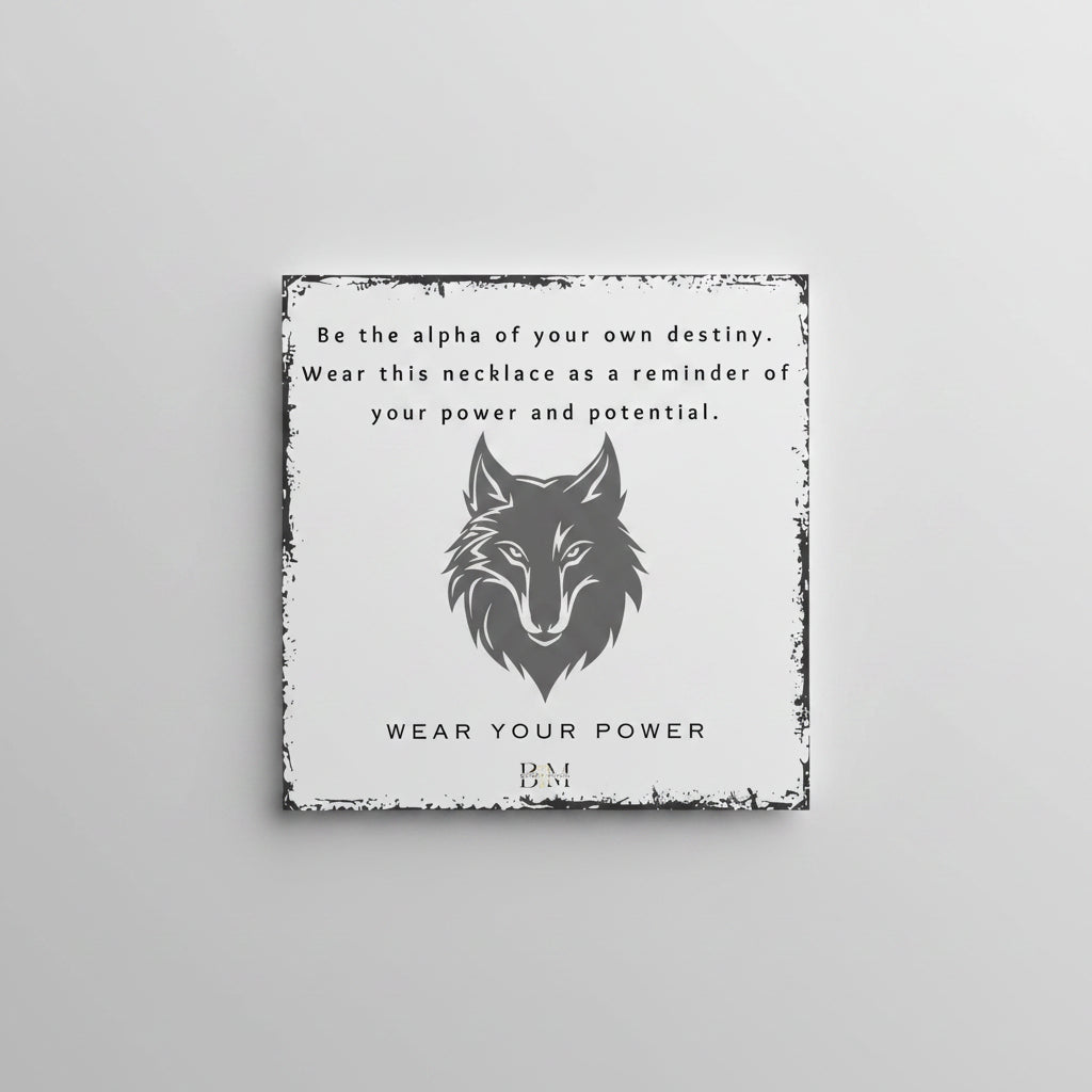 A motivational card featuring a stylized gray wolf's head wearing a necklace, with text that reads 'BE THE ALPHA OF YOUR OWN DESTINY. WEAR THIS NECKLACE AS A REMINDER OF YOUR POWER AND POTENTIAL.