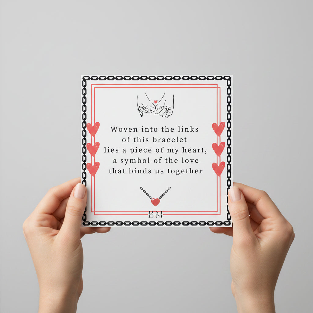 A personalized greeting card with a red and white design, featuring a quote about love and a symbol of a heart, along with a chain link symbol.