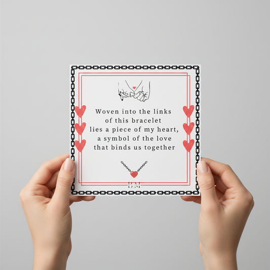 A personalized greeting card with a red and white design, featuring a quote about love and a symbol of a heart, along with a chain link symbol.