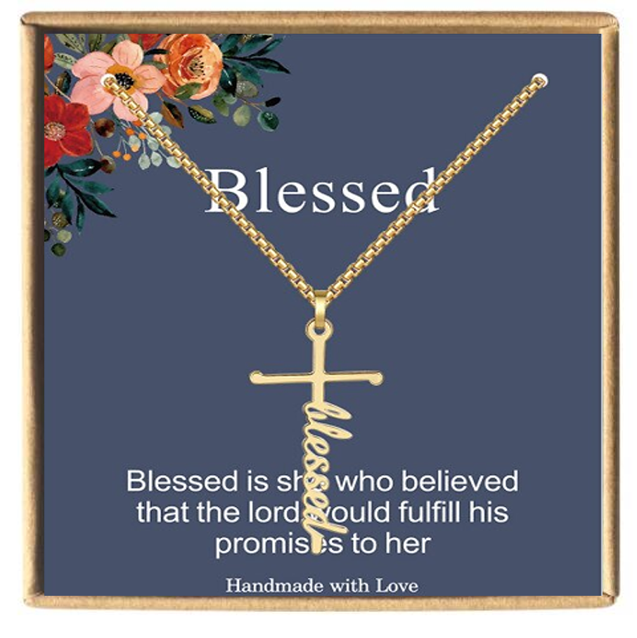 Gold Plated "Blessed" Cross Necklace comes with a beautiful card Gold Plated "Jesus" Cross Necklace