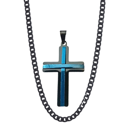 men's black and blue stainless steel pendant cross necklace